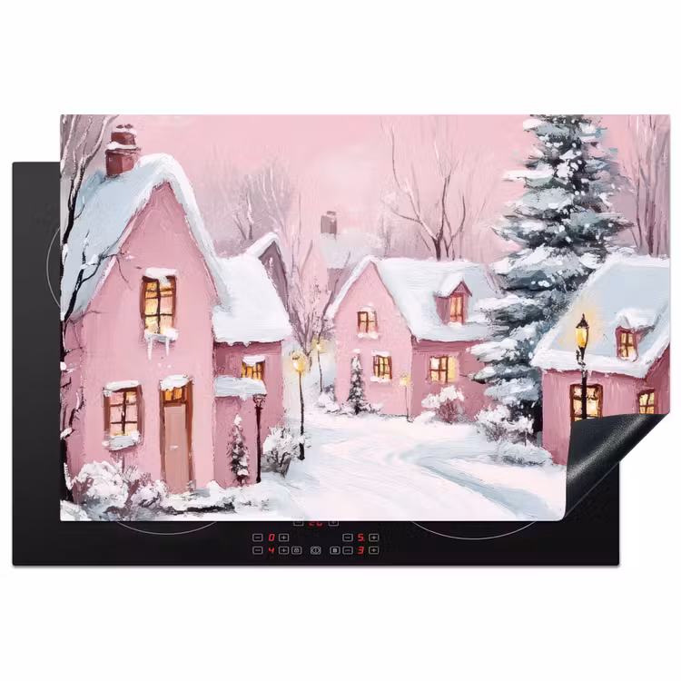 Inductie beschermer - Kerstdorp - Roze - Winter - Sneeuw - Huizen — 1