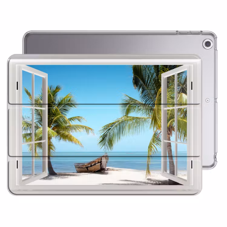 iPad hoes - Doorkijk - Strand - Palmboom - Boot - Tropisch - Zee - Blauw — 1