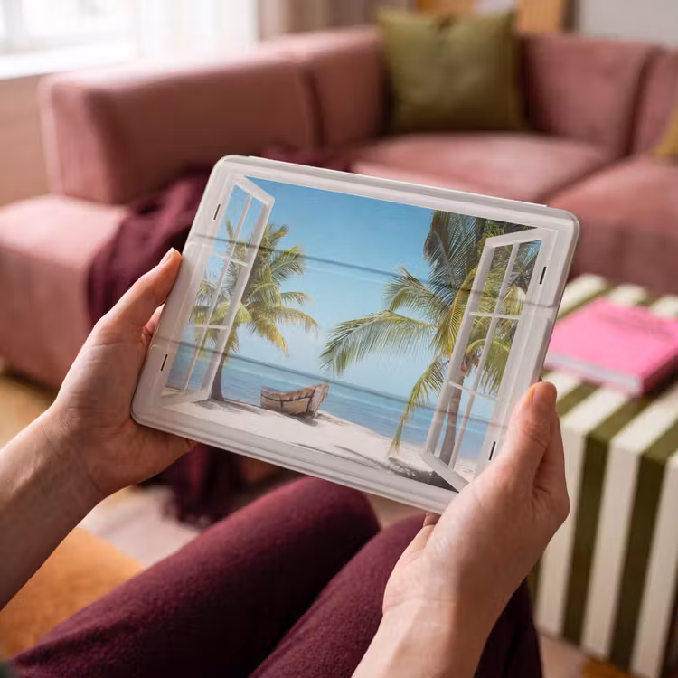iPad hoes - Doorkijk - Strand - Palmboom - Boot - Tropisch - Zee - Blauw — 3