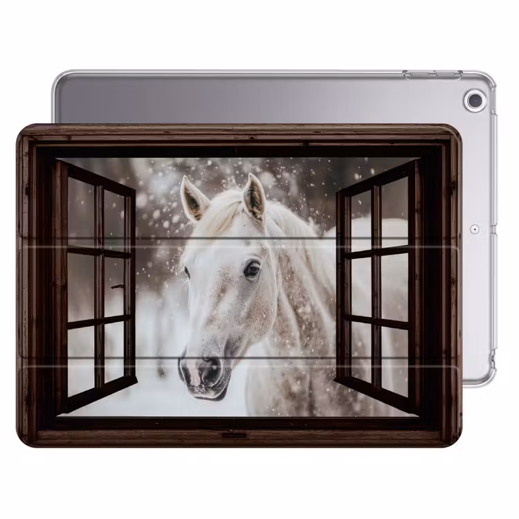 iPad hoes - Doorkijk - Paard - Wit - Winterlandschap - Sneeuw — 1