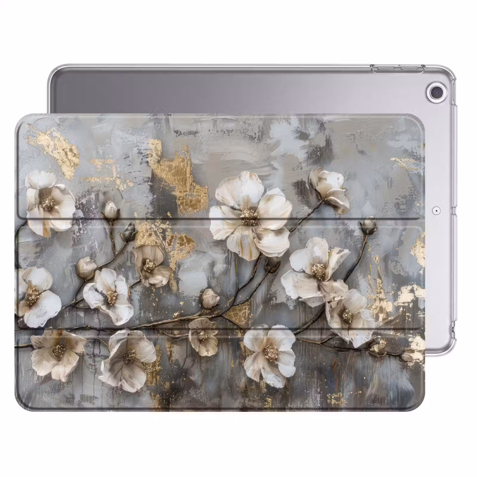 iPad hoes - Bloemen - Wit - Grijs - Goud - Luxe — 1