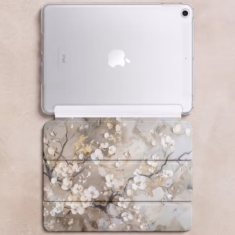iPad hoes - Bloemen - Wit - Goud - Beige - Luxe — 6