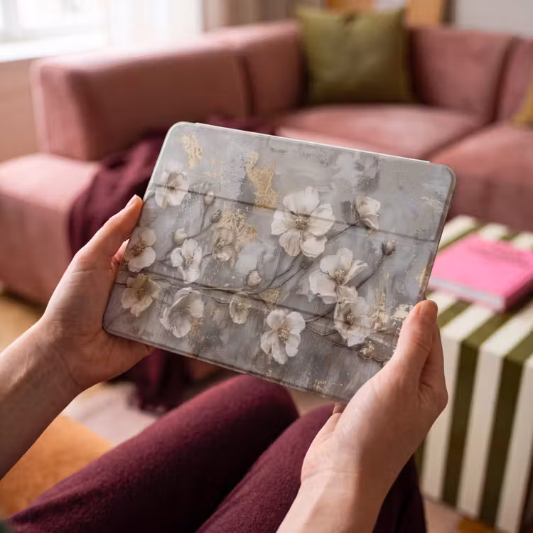 iPad hoes - Bloemen - Wit - Grijs - Goud - Luxe — 3