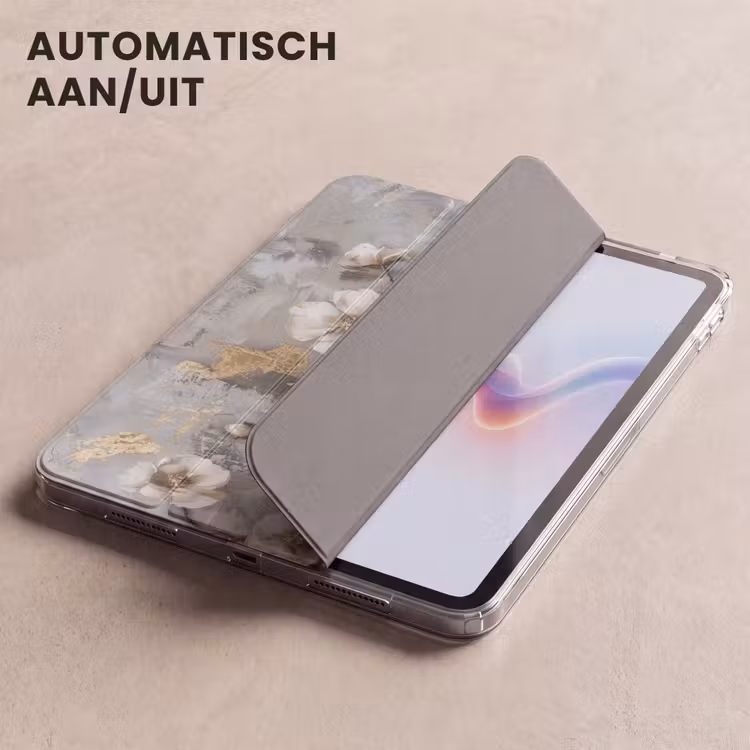 iPad hoes - Bloemen - Wit - Grijs - Goud - Luxe — 4