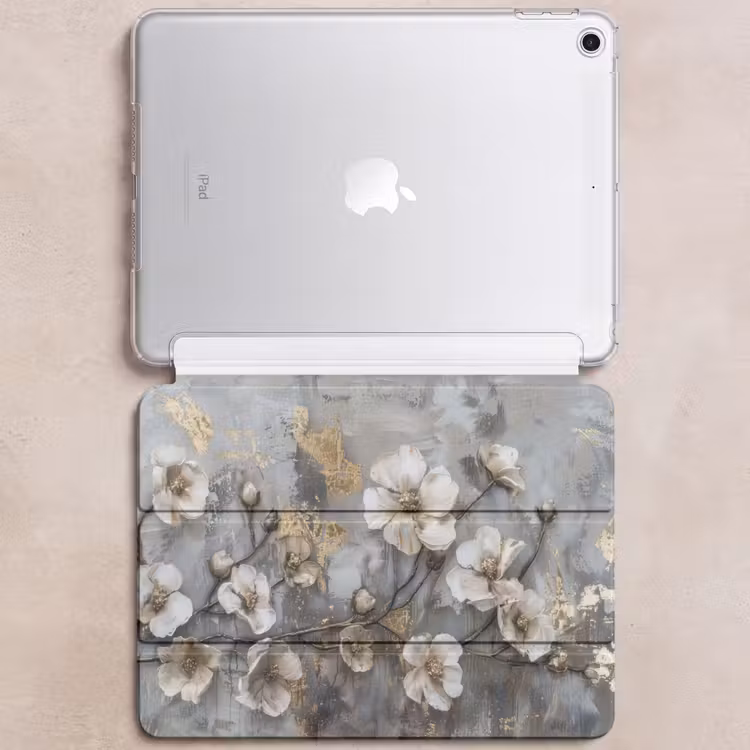 iPad hoes - Bloemen - Wit - Grijs - Goud - Luxe — 6