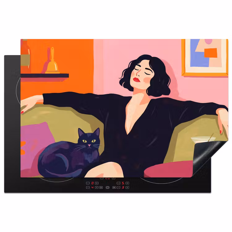 Inductie beschermer - Vrouw - Kat - Interieur - Modern - Kleurrijk — 1