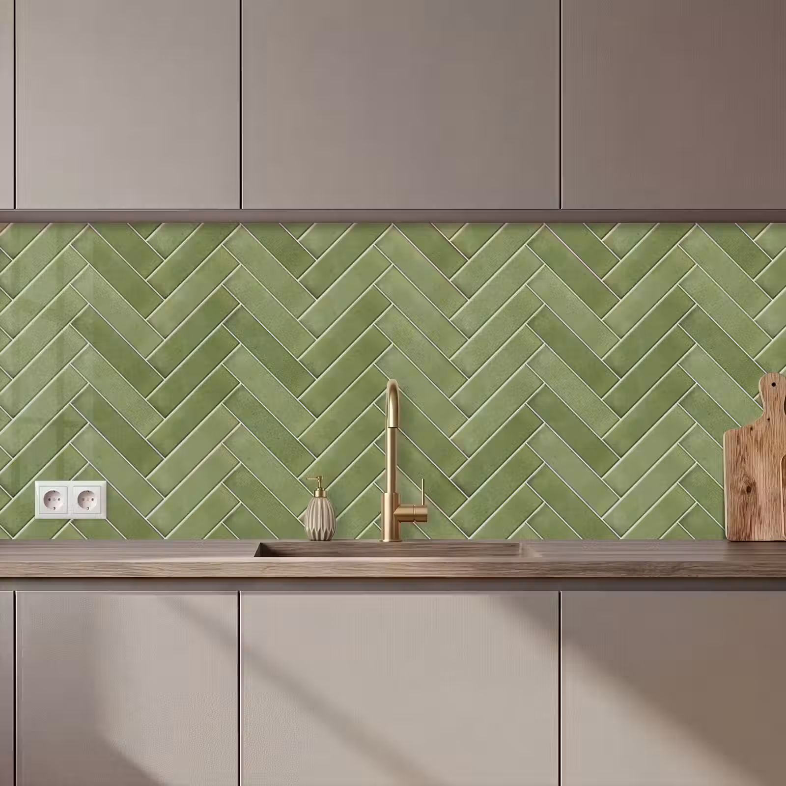Keuken achterwand - Visgraatstructuur - Tegels - Olijfgroen — 1