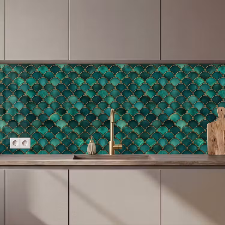 Keuken achterwand - Schubben - Structuur - Diepgroene - Goud — 1