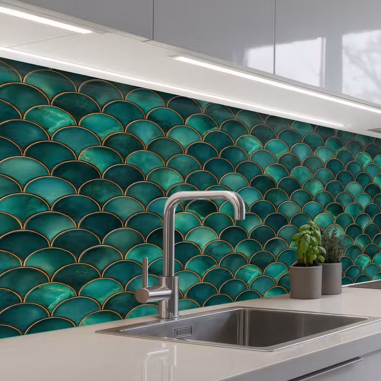 Keuken achterwand - Schubben - Structuur - Diepgroene - Goud — 2