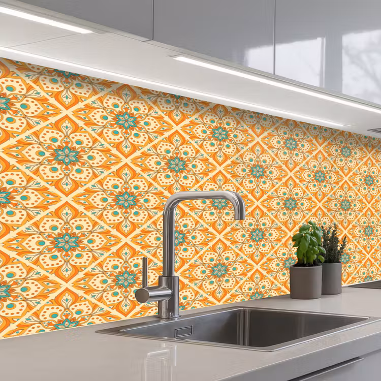 Keuken achterwand - Mandala - Boho - Bloemen - Oranje - Patroon — 2