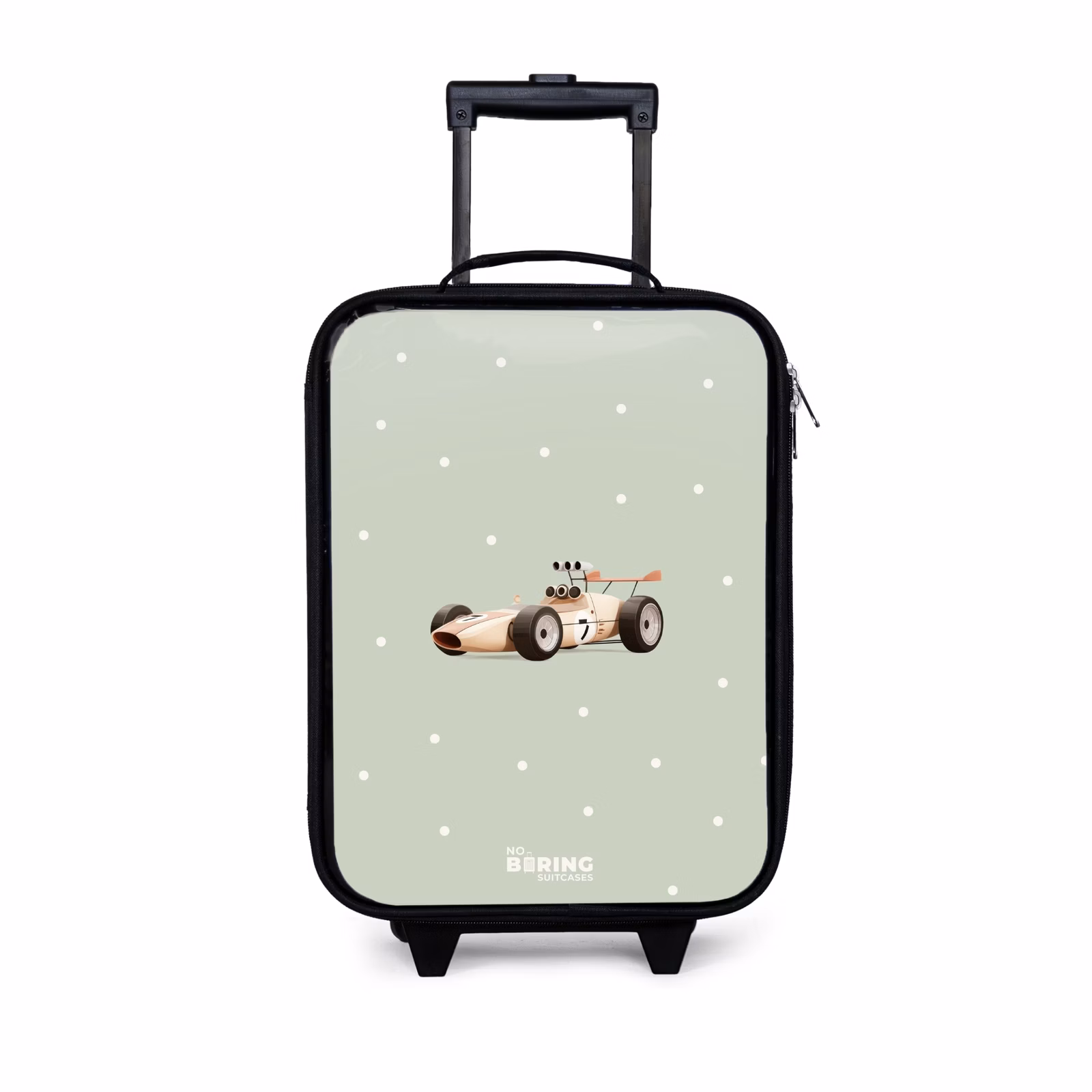 Kinderkoffer - Beige retro raceauto op groene stippen achtergrond — 1