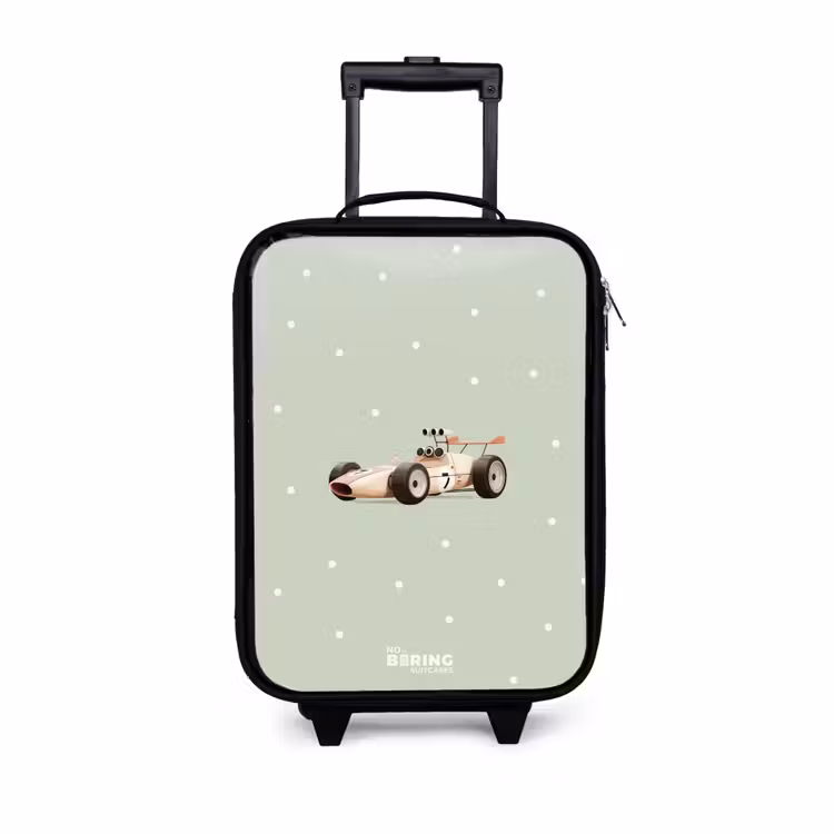 Kinderkoffer - Beige retro raceauto op groene stippen achtergrond — 1