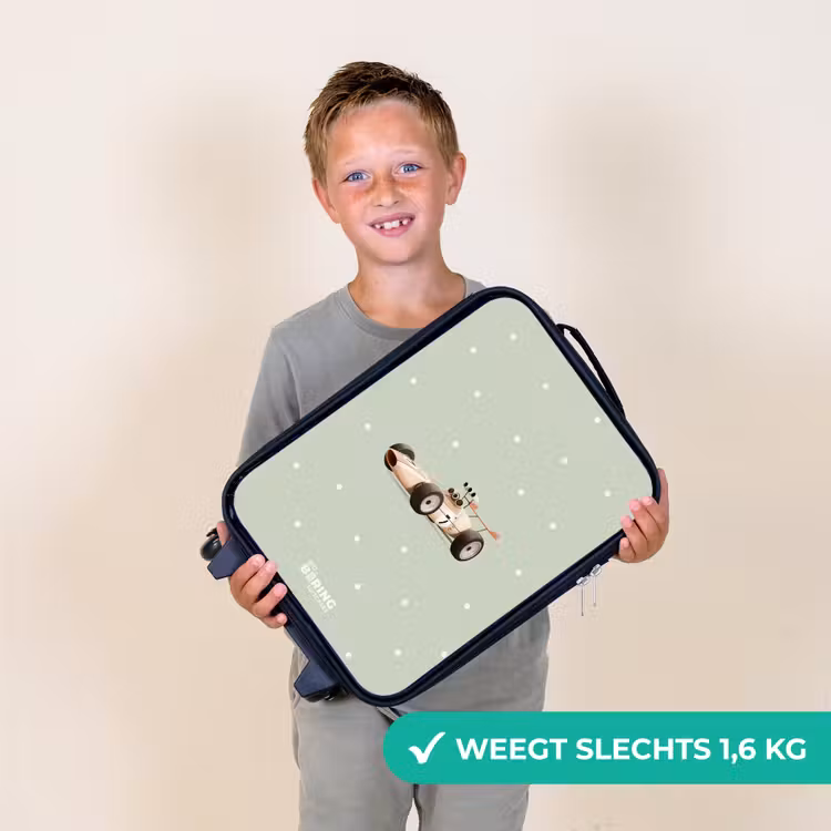 Kinderkoffer - Beige retro raceauto op groene stippen achtergrond — 3