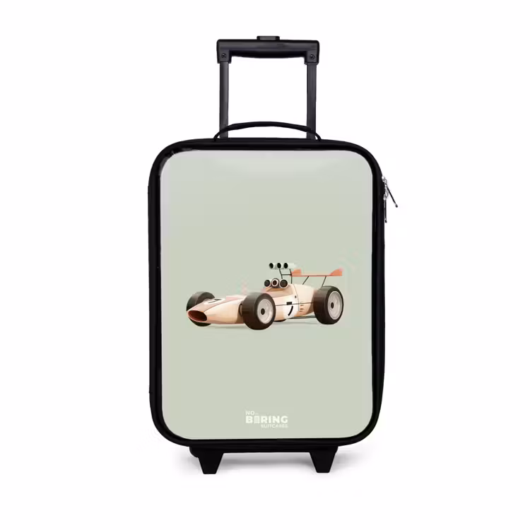 Kinderkoffer - Beige retro raceauto op groen achtergrond — 1