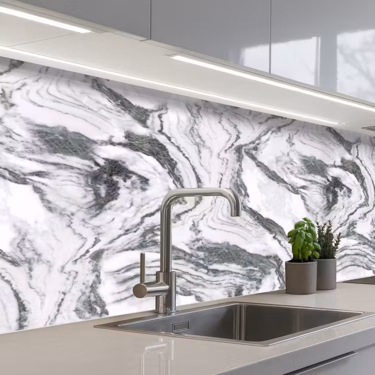 Keuken achterwand - Wit - Marmer - Golvend - Grafiet — 2