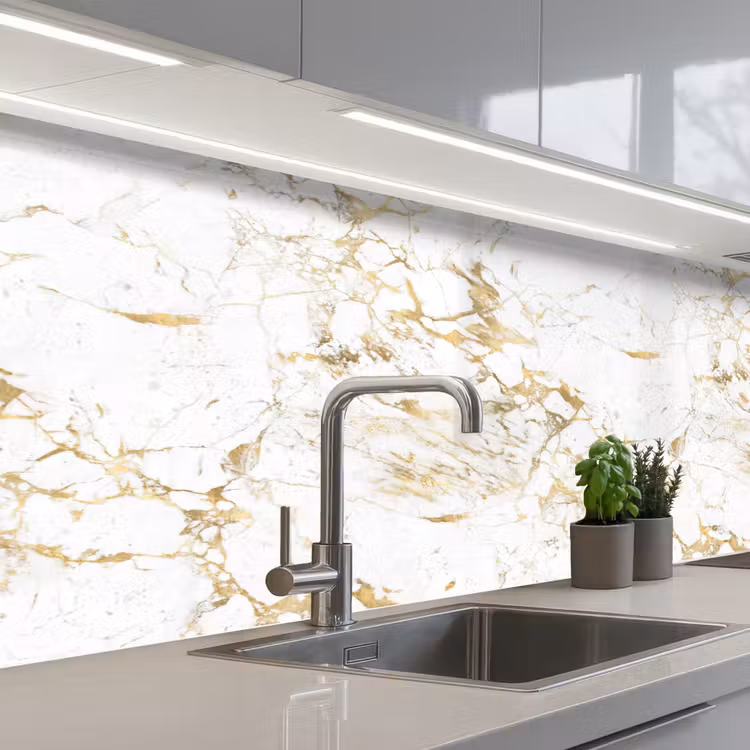 Keuken achterwand - Wit - Marmer - Luxe - Goud — 2