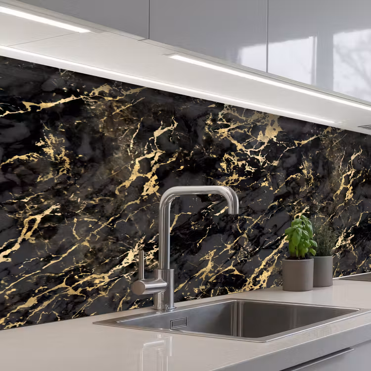 Keuken achterwand - Marmer - Zwart - Goudstructuur — 2