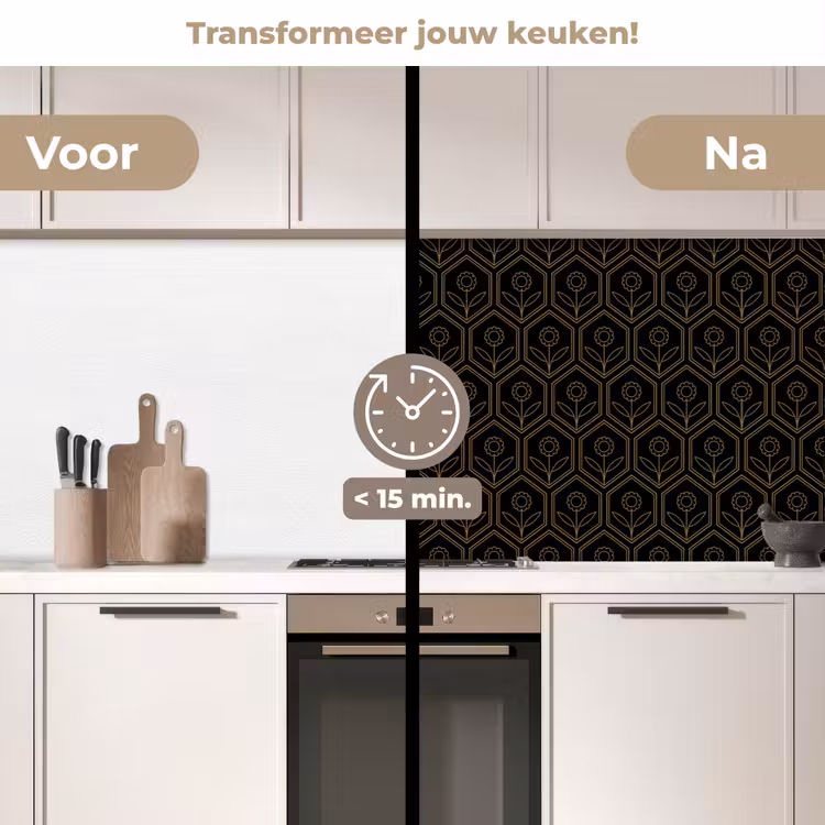 Keuken achterwand - Zeshoek - Zwart - Goud - Bloem — 3