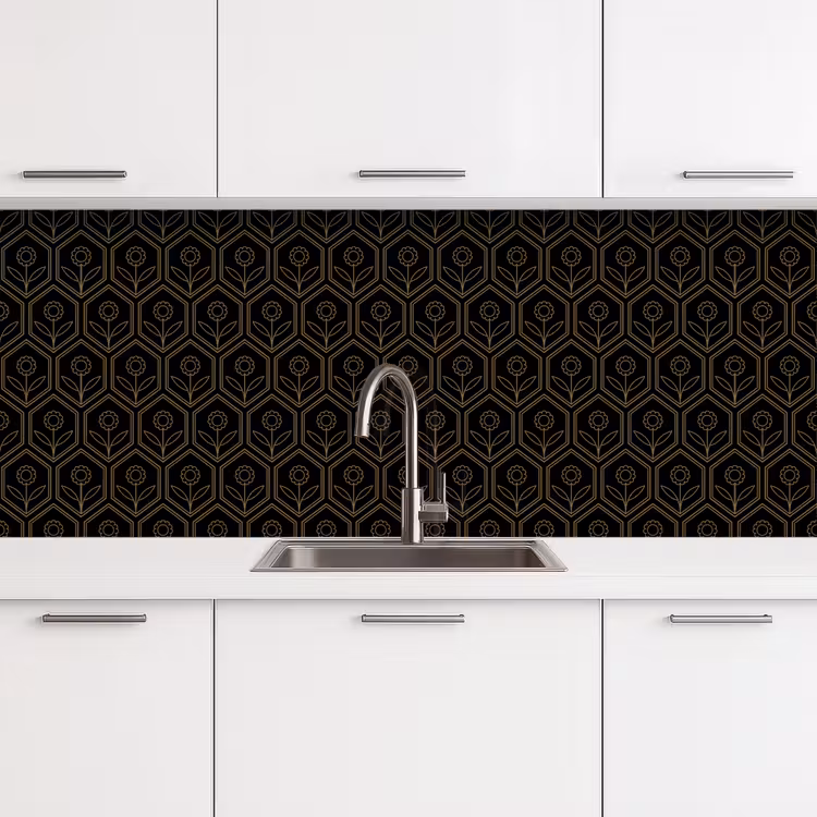 Keuken achterwand - Zeshoek - Zwart - Goud - Bloem — 4