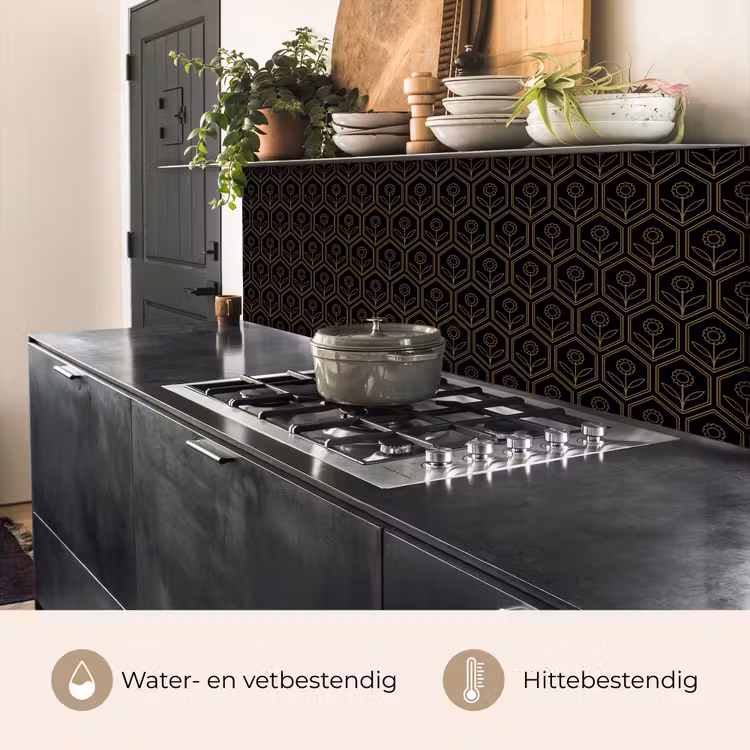 Keuken achterwand - Zeshoek - Zwart - Goud - Bloem — 5