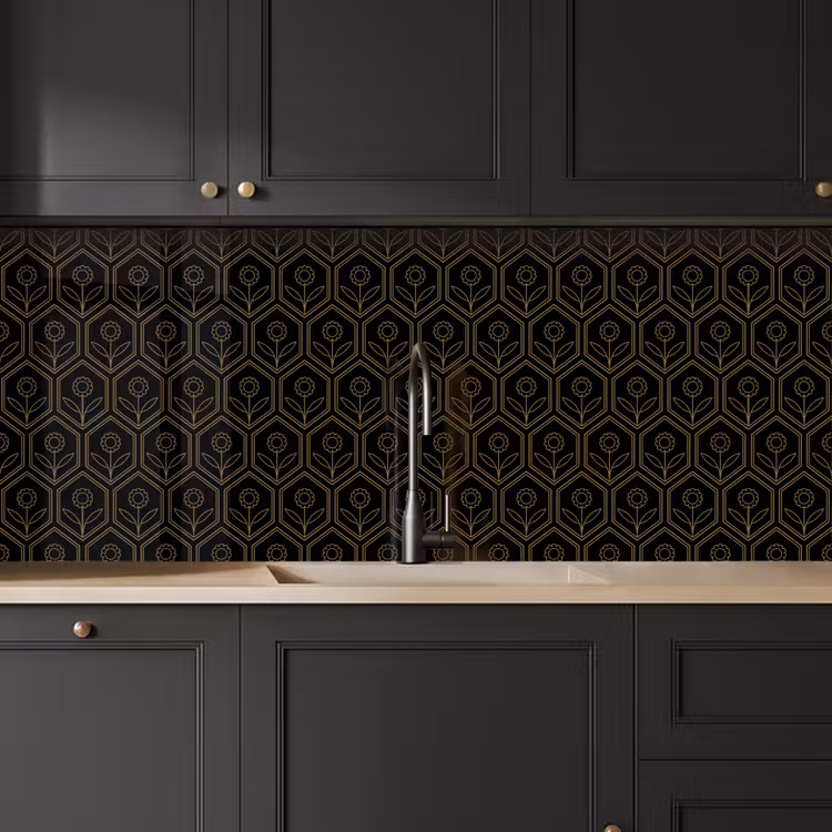 Keuken achterwand - Zeshoek - Zwart - Goud - Bloem — 6