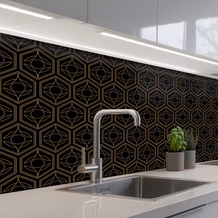 Keuken achterwand - Zwart - Goud - Bloemenkern — 2