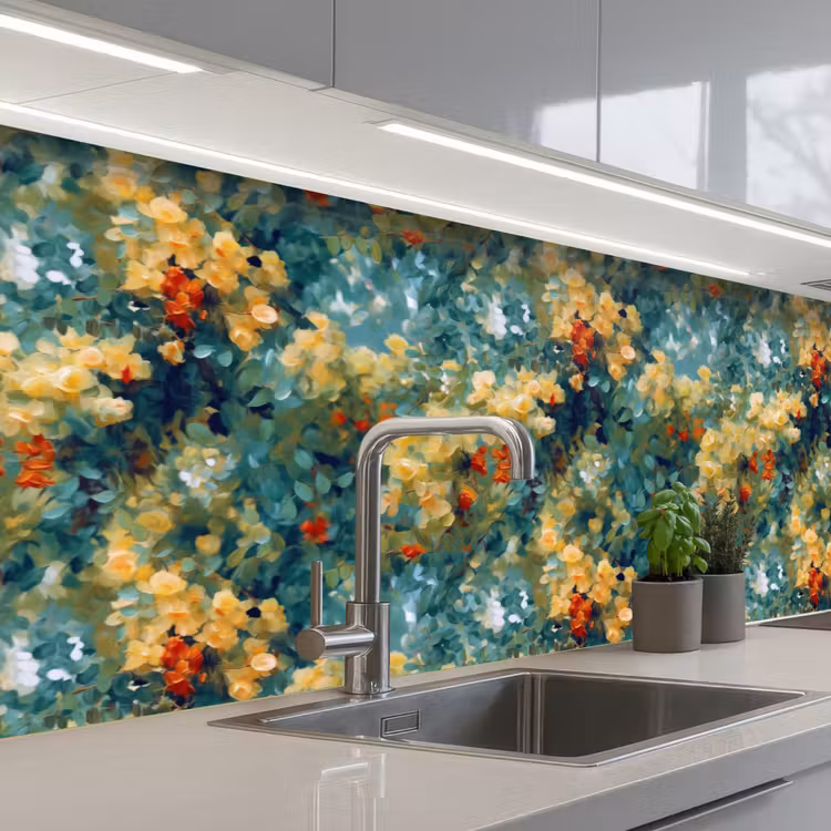 Keuken achterwand - Geel - Bloemen - Groen - Bladeren — 2