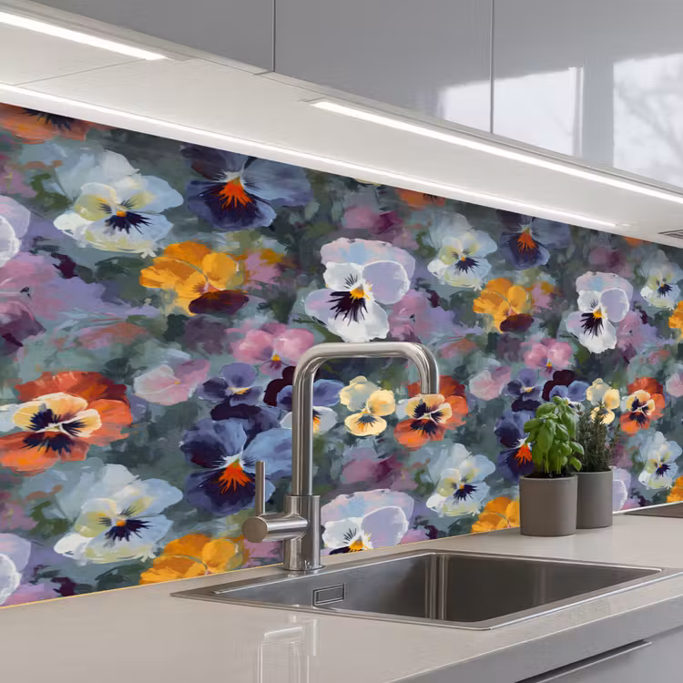 Keuken achterwand - Pastel - Viooltjes - Groen - Patroon — 2