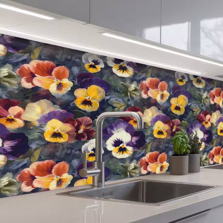Keuken achterwand - Viooltjes - Paars - Geel - Groen — 2