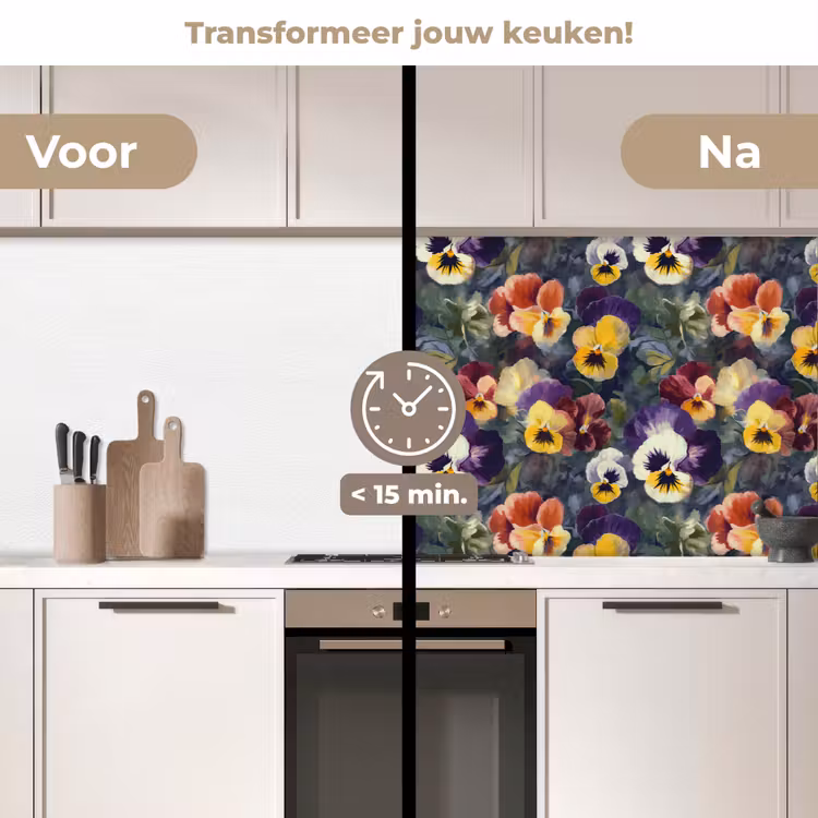 Keuken achterwand - Viooltjes - Paars - Geel - Groen — 3