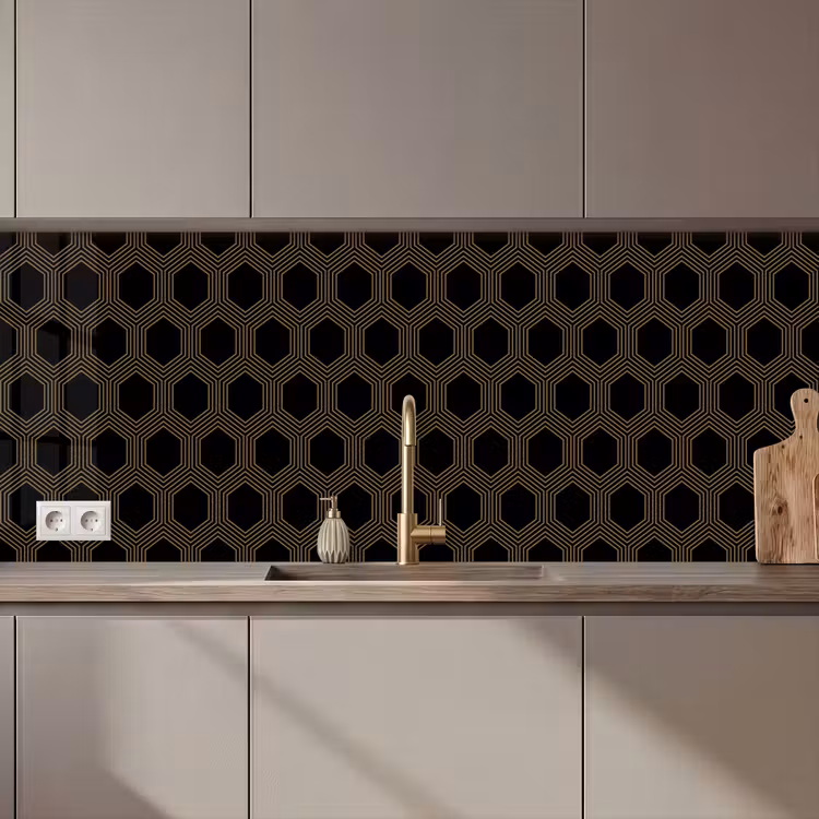 Keuken achterwand - Parallel - Goud - Zwart - Bijenraatmotief — 1