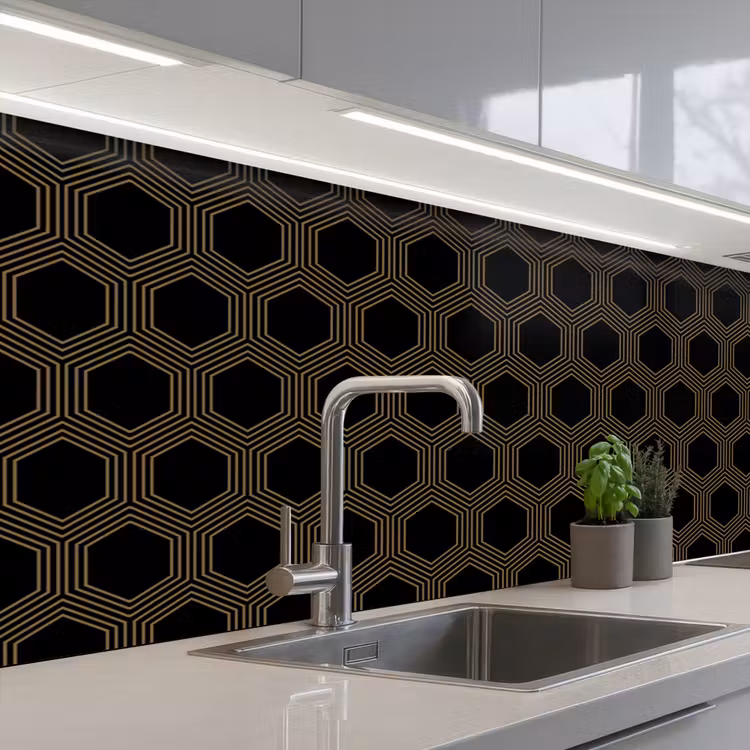 Keuken achterwand - Parallel - Goud - Zwart - Bijenraatmotief — 2