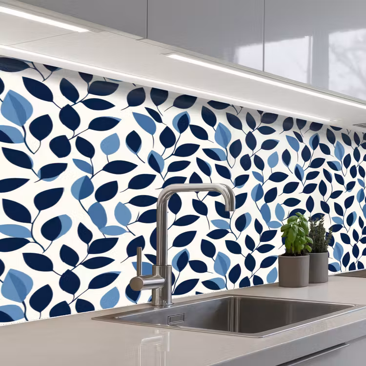 Keuken achterwand - Grafisch - Bladmotief - Diepblauw — 2