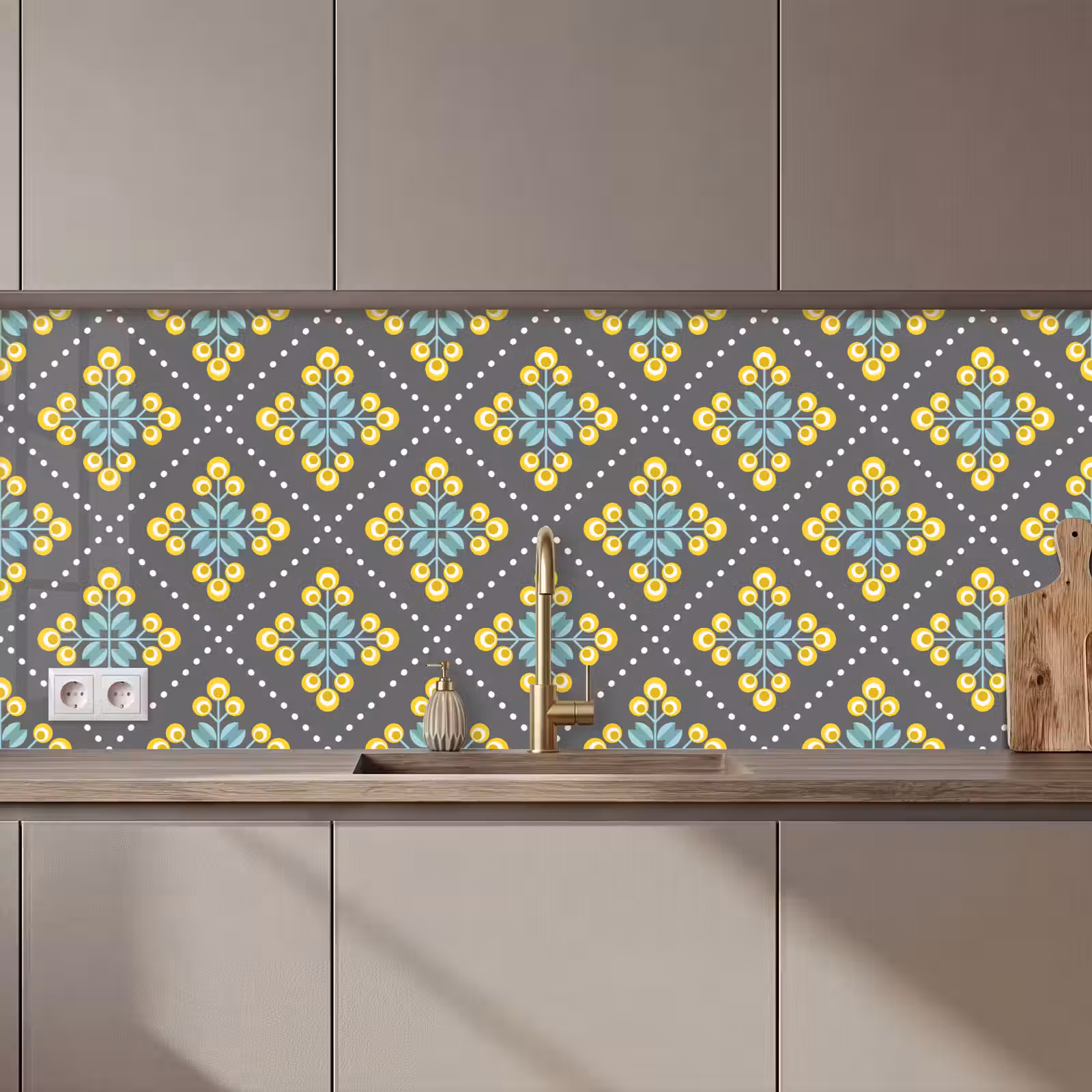 Keuken achterwand - Design - Ruit - Bloemen - Grijs — 1