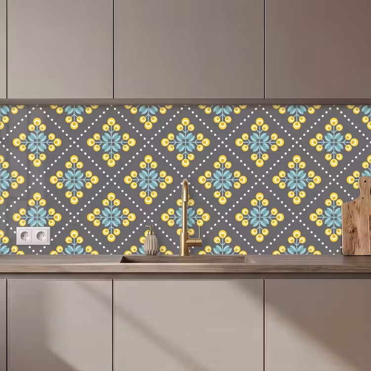 Keuken achterwand - Design - Ruit - Bloemen - Grijs — 1