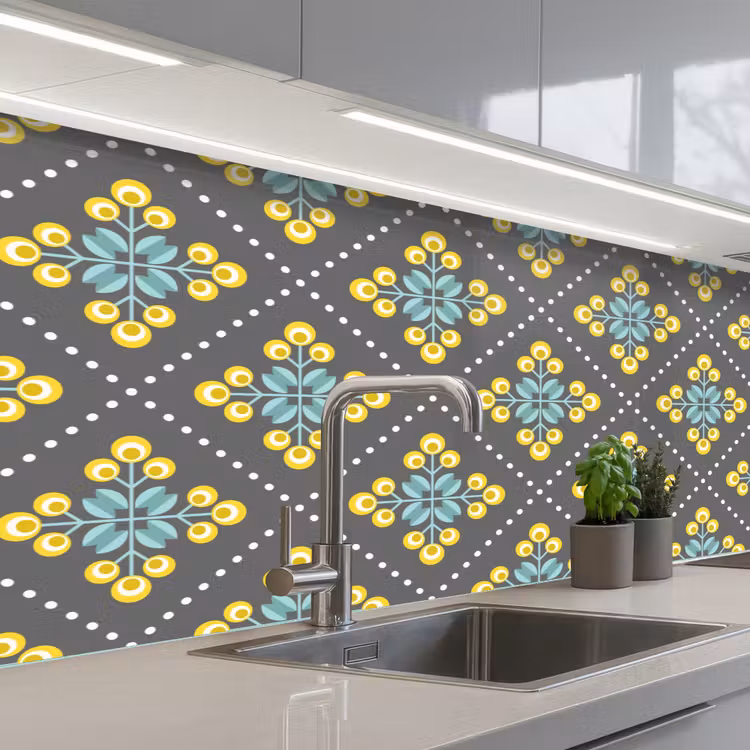 Keuken achterwand - Design - Ruit - Bloemen - Grijs — 2