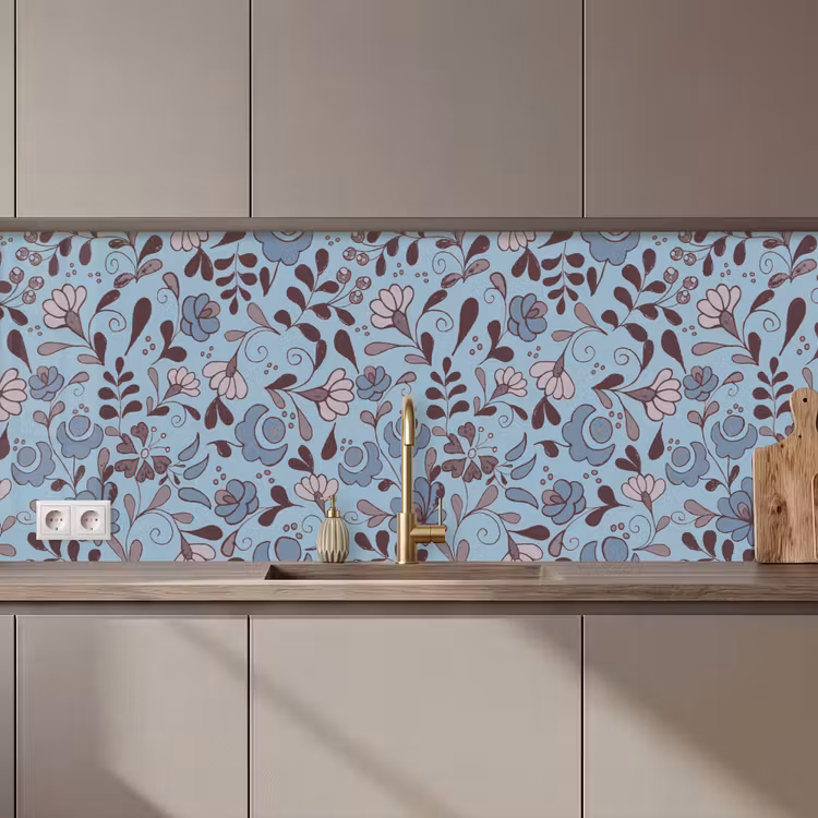 Keuken achterwand - Patroon - Bloem - Grijs - Blauw — 1