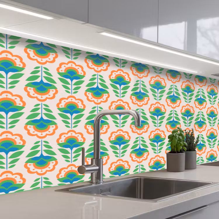 Keuken achterwand - Retro - Bloemen - Design - Groen - Oranje — 2