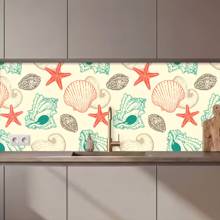 Keuken achterwand - Schelpen - Zeester - Strand - Vintage - Patroon — 1