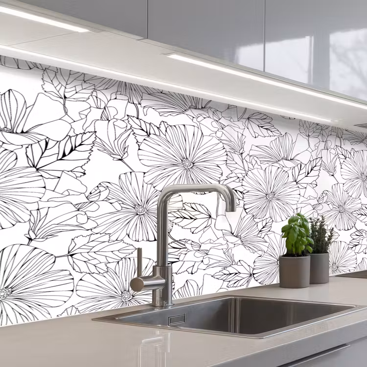 Keuken achterwand - Bloemen - Zwart - Wit - Design - Flora — 2