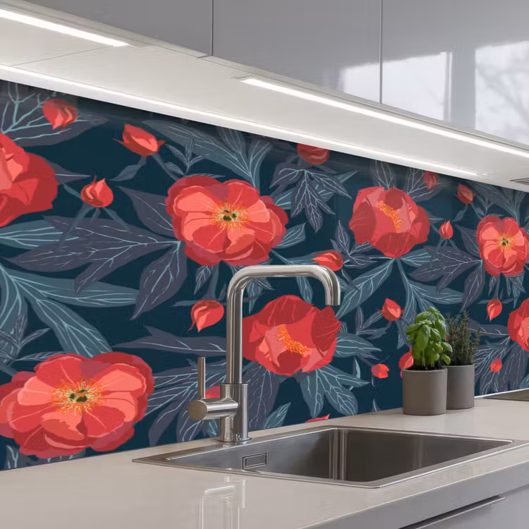 Keuken achterwand - Bloemen - Rood - Bladeren - Patronen — 2