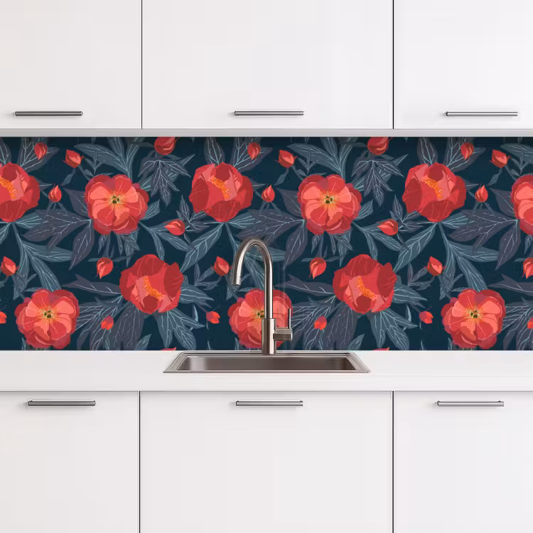 Keuken achterwand - Bloemen - Rood - Bladeren - Patronen — 4