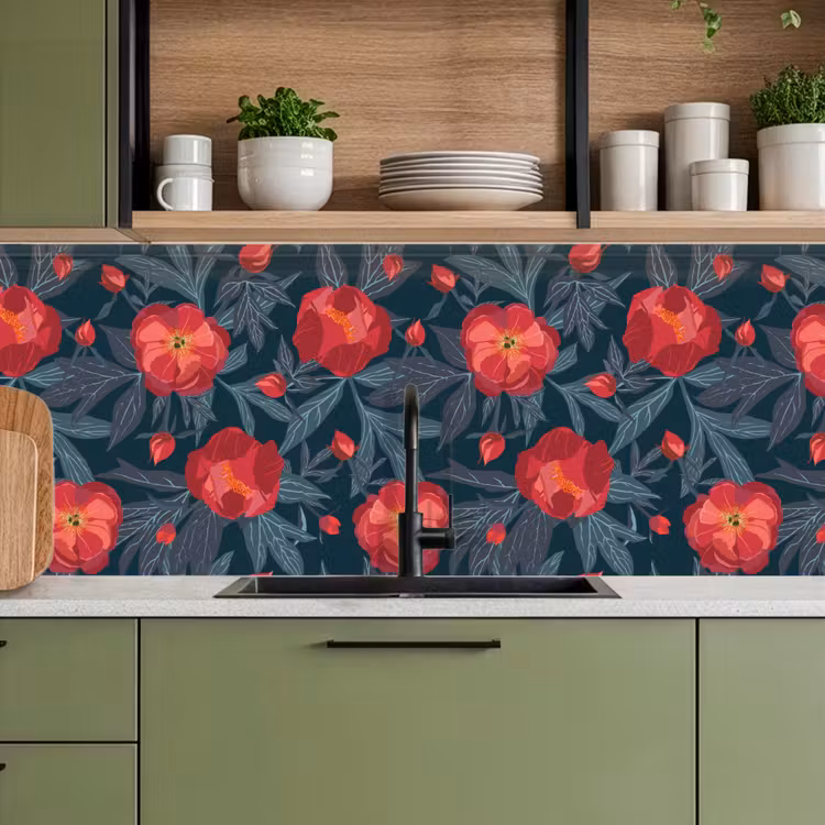 Keuken achterwand - Bloemen - Rood - Bladeren - Patronen — 8