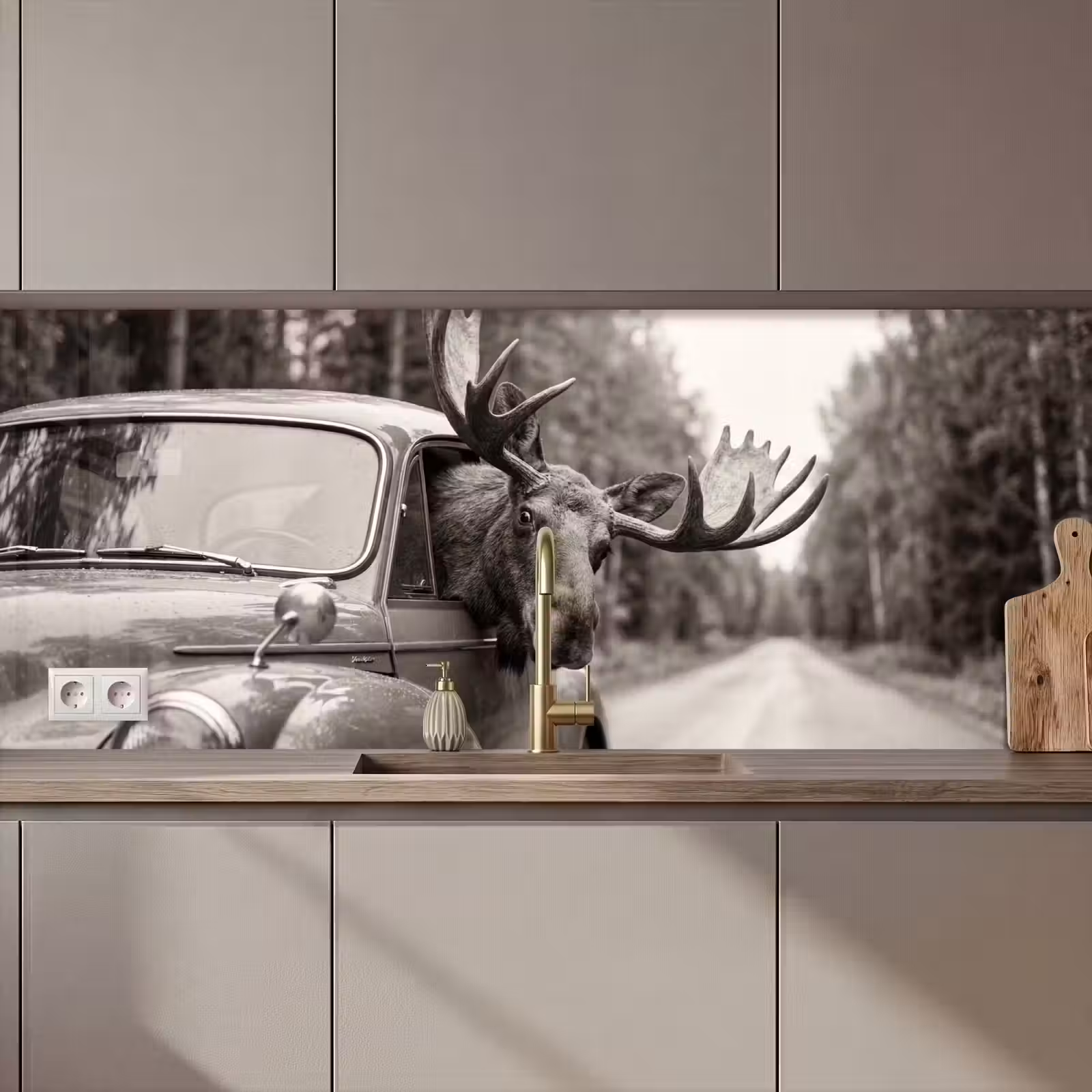 Keuken achterwand - Eland - Auto - Gewei - Zwart - Wit — 1