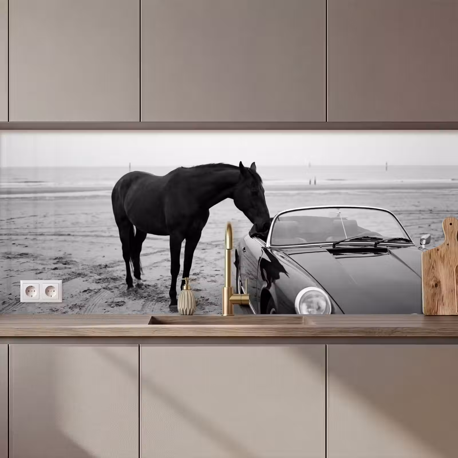 Keuken achterwand - Paard - Auto - Zwart - Wit — 1