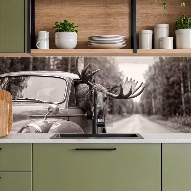 Keuken achterwand - Eland - Auto - Gewei - Zwart - Wit — 8
