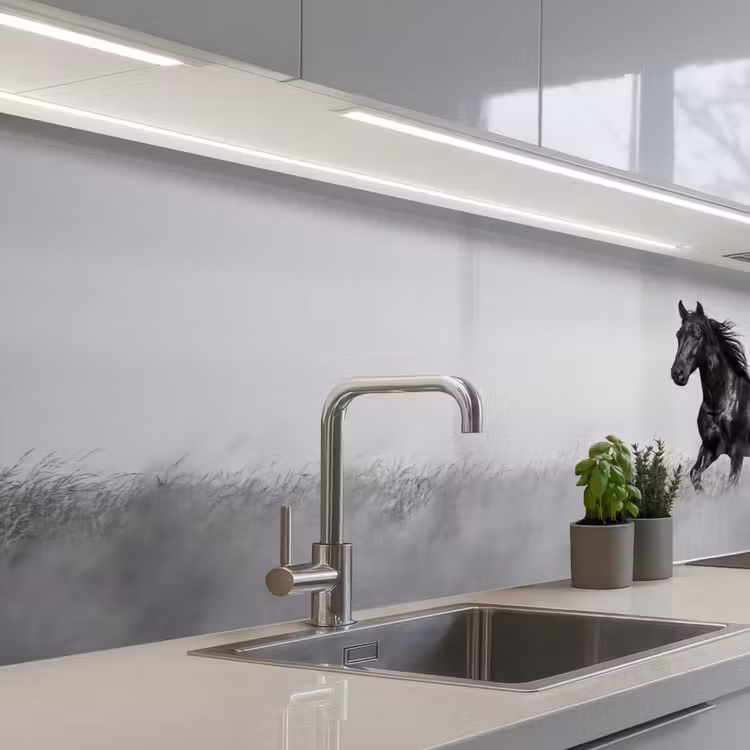Keuken achterwand - Paarden - Gras - Zwart - Wit — 2