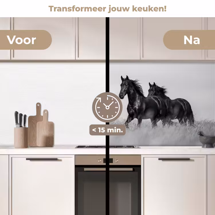 Keuken achterwand - Paarden - Gras - Zwart - Wit — 3