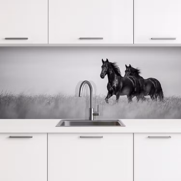 Keuken achterwand - Paarden - Gras - Zwart - Wit — 4