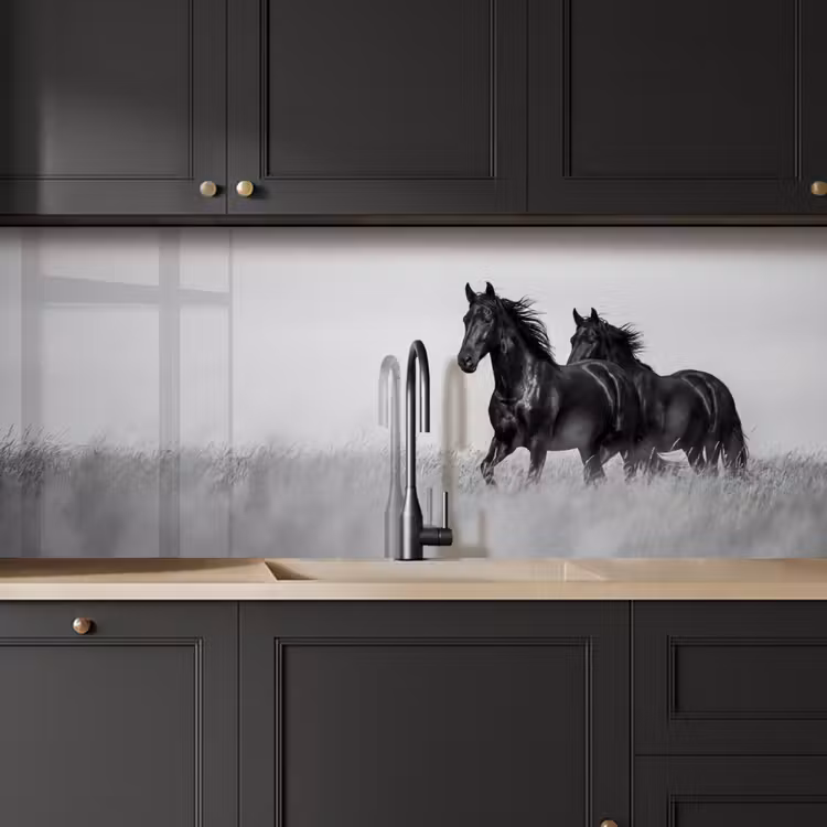 Keuken achterwand - Paarden - Gras - Zwart - Wit — 6
